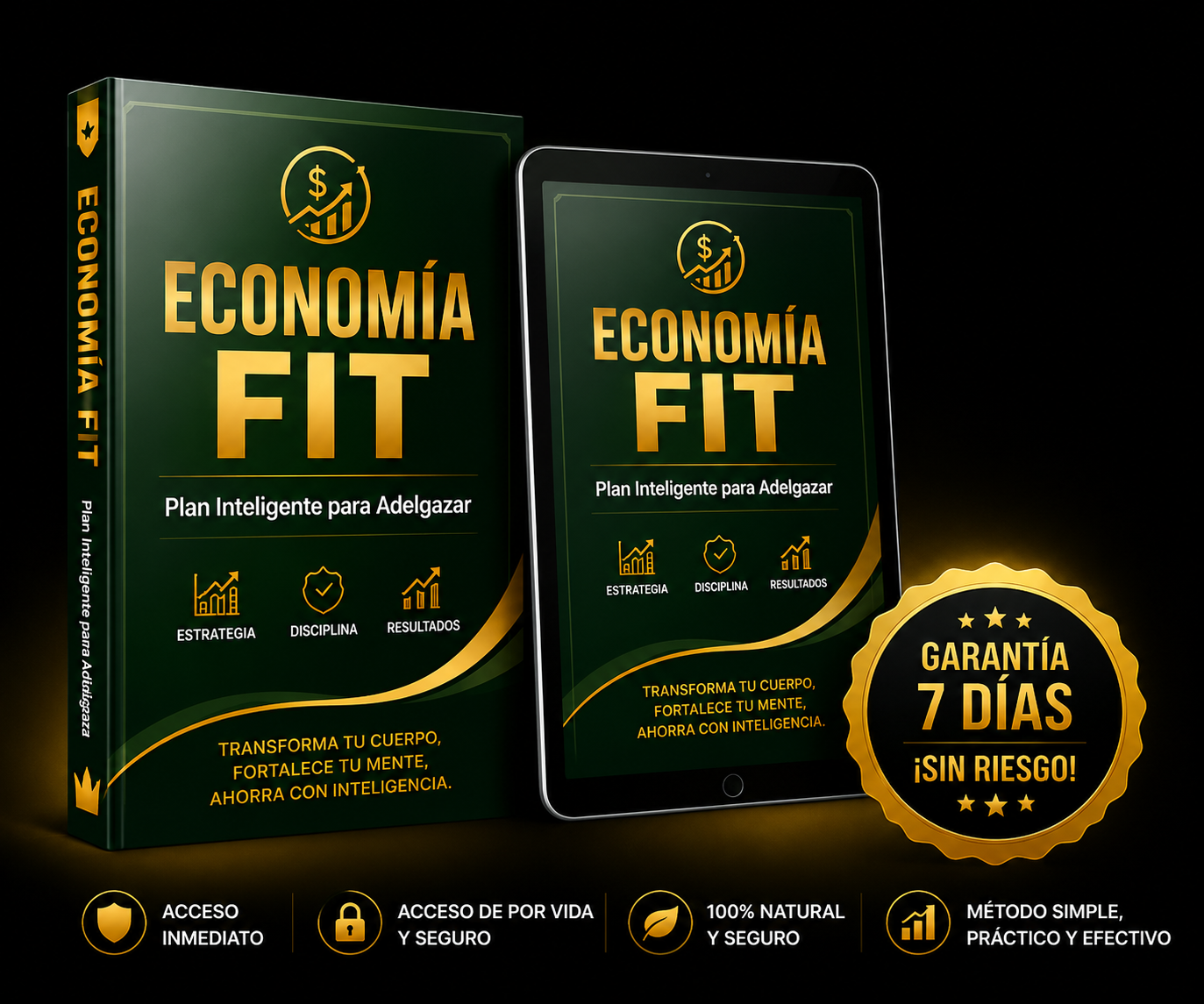 Mockup 3D del e-book Economia Fit – Plan de Ayuno Inteligente con portada verde y dorada